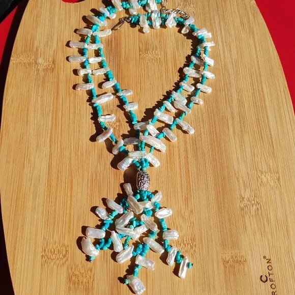 Jay King DTR mine finds Turquoise Keshi Pearl Tassel Necklace 925 Sterling Silve - Picture 12 of 12